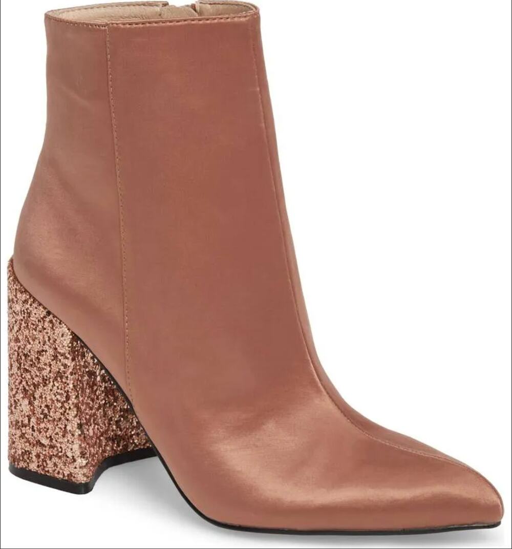 Shellys London Hugsy Satin Boots 8.5 NWT Tan Ankle Heel Glam Sequin Glitter